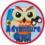 A light brown owl with a backpack and binoculars. The words Adventure Owl are across the bottom. 