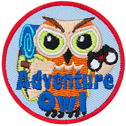 A light brown owl with a backpack and binoculars. The words Adventure Owl are across the bottom.