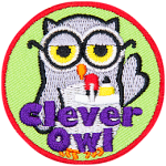 A grey owl with glasses and a pocket protector containing a pen and pencil. The words Clever Owl are across the bottom.