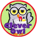 A grey owl with glasses and a pocket protector containing a pen and pencil. The words Clever Owl are across the bottom.