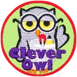 A grey owl with glasses and a pocket protector containing a pen and pencil. The words Clever Owl are across the bottom.