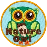 A green owl made from leaves. The words Nature Owl are across the bottom.