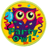 A purple owl with a blue balloon and party streamers. The words Party Owl are at the bottom.