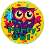 A purple owl with a blue balloon and party streamers. The words Party Owl are at the bottom.