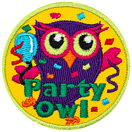 A purple owl with a blue balloon and party streamers. The words Party Owl are at the bottom.