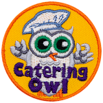 A white owl with a chef's hat on. The words Catering Owl are across the bottom.