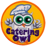 A white owl with a chef's hat on. The words Catering Owl are across the bottom.