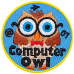 A brown owl with a red bow tie and round black glasses. The words Computer Owl are at the bottom.