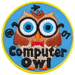 A brown owl with a red bow tie and round black glasses. The words Computer Owl are at the bottom.