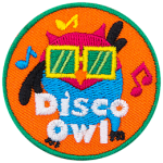 A black owl in a blue leotard, yellow square sunglasses, and a pink cap. Music notes surround it, and the words Disco Owl are across the bottom.