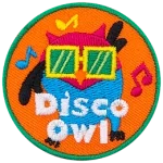 A black owl in a blue leotard, yellow square sunglasses, and a pink cap. Music notes surround it, and the words Disco Owl are across the bottom.