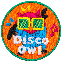 A black owl in a blue leotard, yellow square sunglasses, and a pink cap. Music notes surround it, and the words Disco Owl are across the bottom.