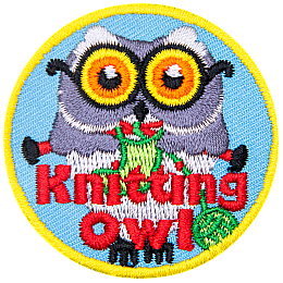 A grey owl with round glasses holding a pair of knitting needles and green yarn. The words Knitting Owl are across the bottom.