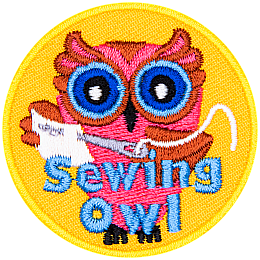 A pink owl with a sewing needle and fabric in hand. The words Sewing Owl are across the bottom.