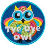 A multi-coloured owl with the words Tye Dye Owl across the bottom.