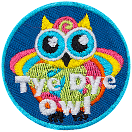 A multi-coloured owl with the words Tye Dye Owl across the bottom.