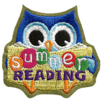 A tiny blue owl holding a cream-coloured book with the words Summer Reading on it.