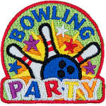 A bowling ball hits three pins in an array of stars. BOWLING PARTY are stitched above and below.