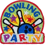 A bowling ball hits three pins in an array of stars. BOWLING PARTY are stitched above and below.