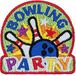 A bowling ball hits three pins in an array of stars. BOWLING PARTY are stitched above and below.