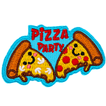 Two slices of pizza with smiling faces face each other. One has mushrooms on it, and the other has pepperoni. The words Pizza Party are between them.