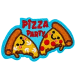 Two slices of pizza with smiling faces face each other. One has mushrooms on it, and the other has pepperoni. The words Pizza Party are between them.