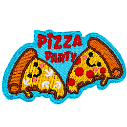 Two slices of pizza with smiling faces face each other. One has mushrooms on it, and the other has pepperoni. The words Pizza Party are between them.