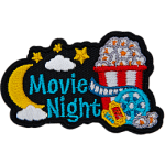 A bucket of popcorn, a movie reel and a moon next to the text Movie Night.