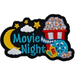 A bucket of popcorn, a movie reel and a moon next to the text Movie Night.