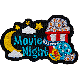 A bucket of popcorn, a movie reel and a moon next to the text Movie Night.