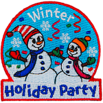 Two smiling snowpeople with scarfs, mittens and hats are in a snowglobe-shaped patch. The words Winter Holiday Party are above and below them.