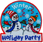 Two smiling snowpeople with scarfs, mittens and hats are in a snowglobe-shaped patch. The words Winter Holiday Party are above and below them.
