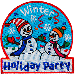 Two smiling snowpeople with scarfs, mittens and hats are in a snowglobe-shaped patch. The words Winter Holiday Party are above and below them.