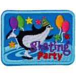 A penguin in a toque (knit cap) skates amongst balloons and stars.