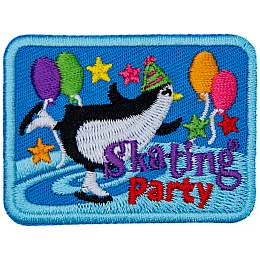 A penguin in a toque (knit cap) skates amongst balloons and stars.