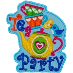 The words Tea Party are around tea cups and a teapot.