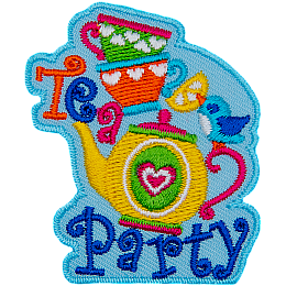 The words Tea Party are around tea cups and a teapot.