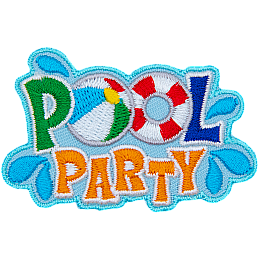 This patch displays the words Pool Party. The Os in Pool are replaced by a beach ball and life preserver. Splash droplets spray off the words.
