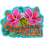 Two Hibiscus flowers face away from each other. Hawaiian Luau is embroidered below; the word Hawaiian is on an orange banner.