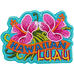 Two Hibiscus flowers face away from each other. Hawaiian Luau is embroidered below; the word Hawaiian is on an orange banner.