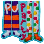 The words PJ Party are on and next to two pairs of pyjama pants. 