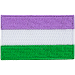 The genderqueer pride flag displays lavender, white, and chartreuse horizontal stripes.