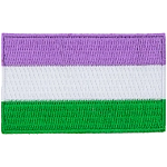 The genderqueer pride flag displays lavender, white, and chartreuse horizontal stripes.