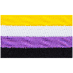 The nonbinary pride flag displays yellow, white, lavender, and black horizontal stripes.