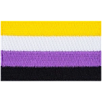 The nonbinary pride flag displays yellow, white, lavender, and black horizontal stripes.