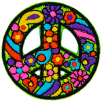 This peace sign is decorated with a paisley pattern, complete with flowers and wild colours.