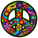 This peace sign is decorated with a paisley pattern, complete with flowers and wild colours.