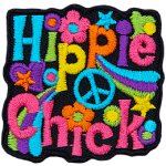 This crest displays the words Hippie Chick surrounded by signs of the retro era such as flowers, peace signs, stars, and hearts.