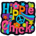This crest displays the words Hippie Chick surrounded by signs of the retro era such as flowers, peace signs, stars, and hearts.