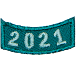 This cyan rocker curves upwards like a smile. The year number 2021 is embroidered in a bold font.